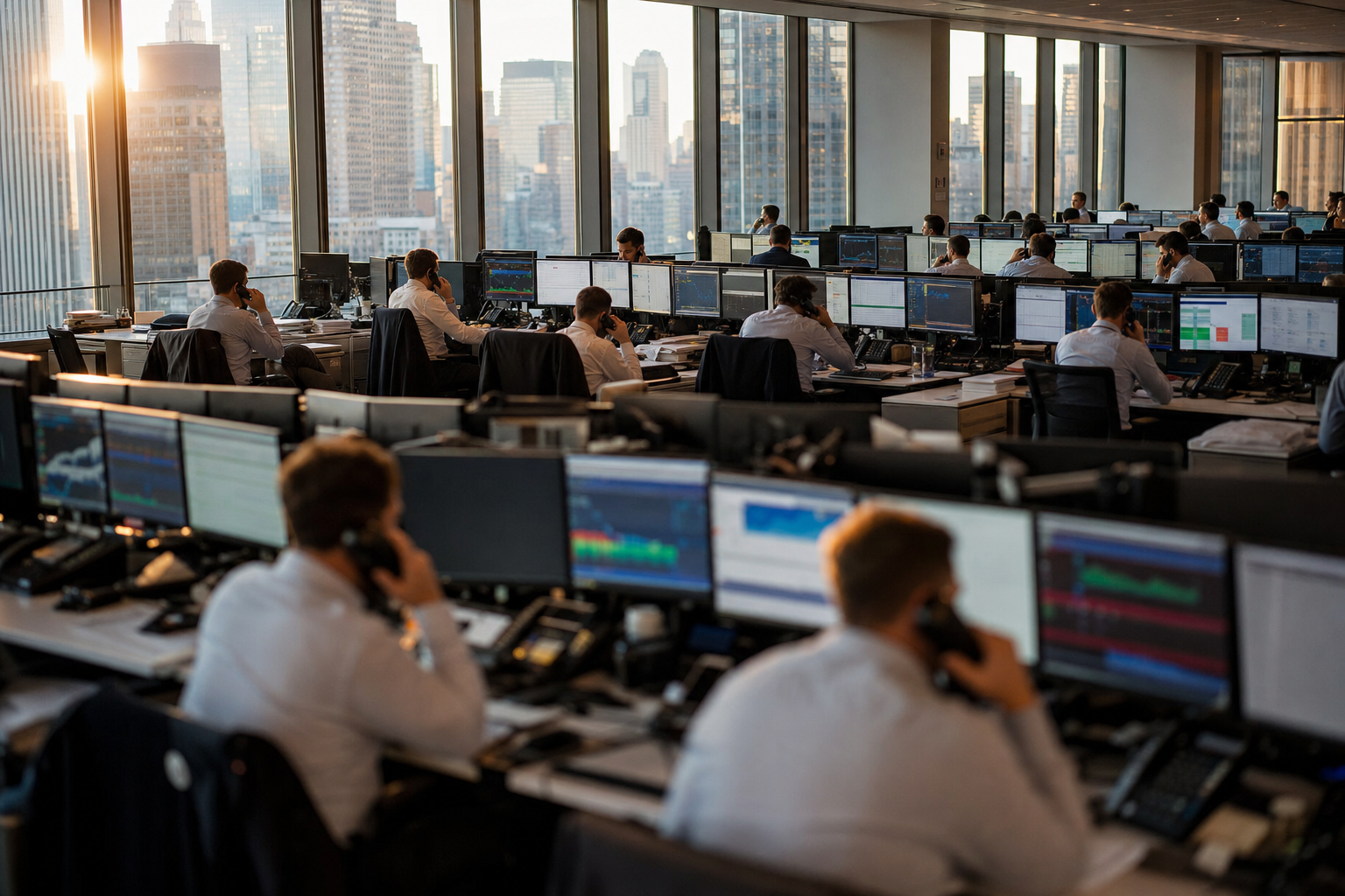 A New York City broker floor at golden hour